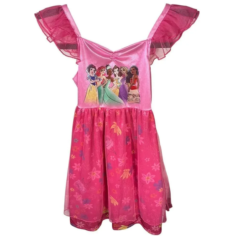Disney Princess Pink Dress Kids Size 6 Nightgown Costume Jammies Floral Mesh